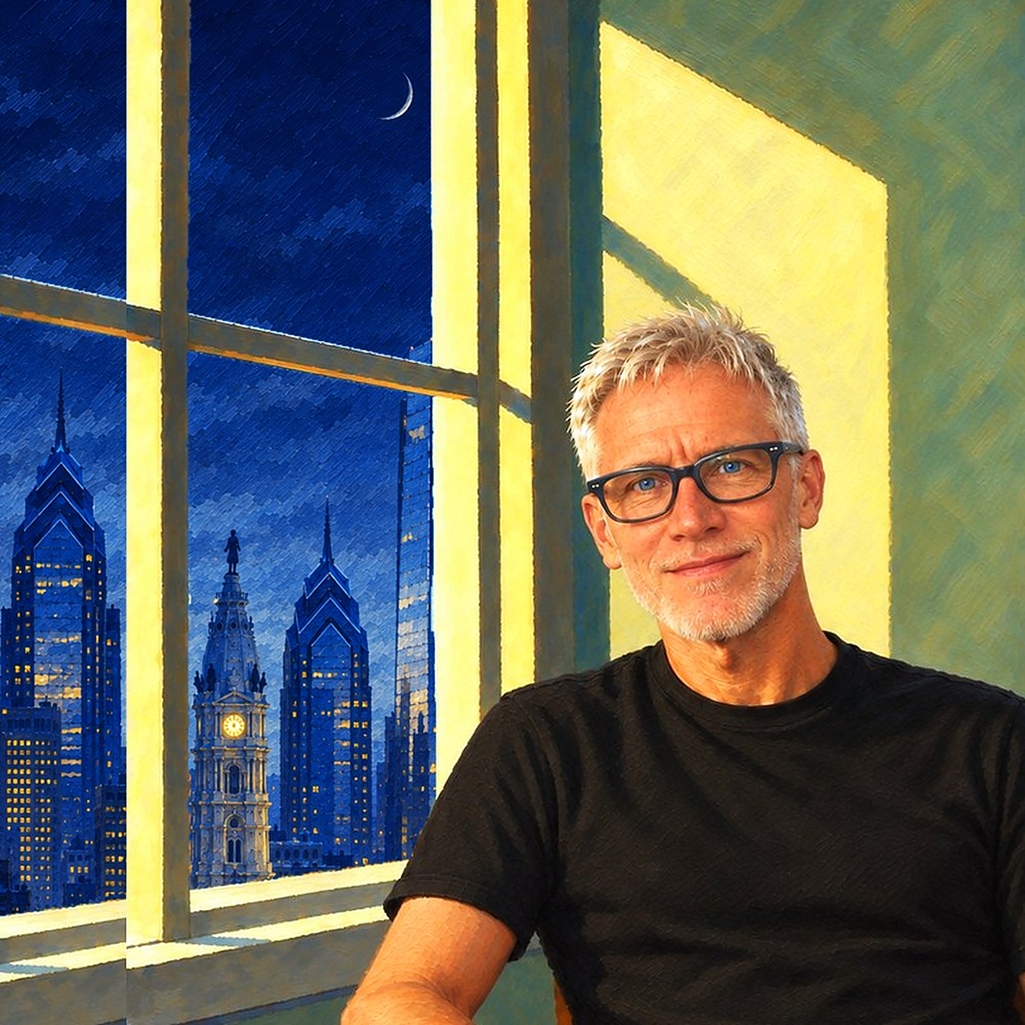Painterly portrait of James Mulhern beside a window overlooking the Philadelphia skyline at night